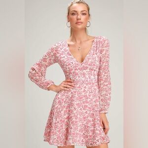 BB Dakota Pink and White Long Sleeve V-Neck Sundress